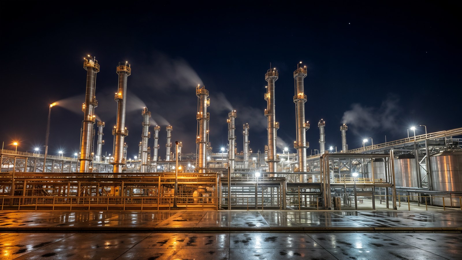 Raffinerie de pétrole illuminée la nuit avec colonnes de distillation et réservoirs de stockage